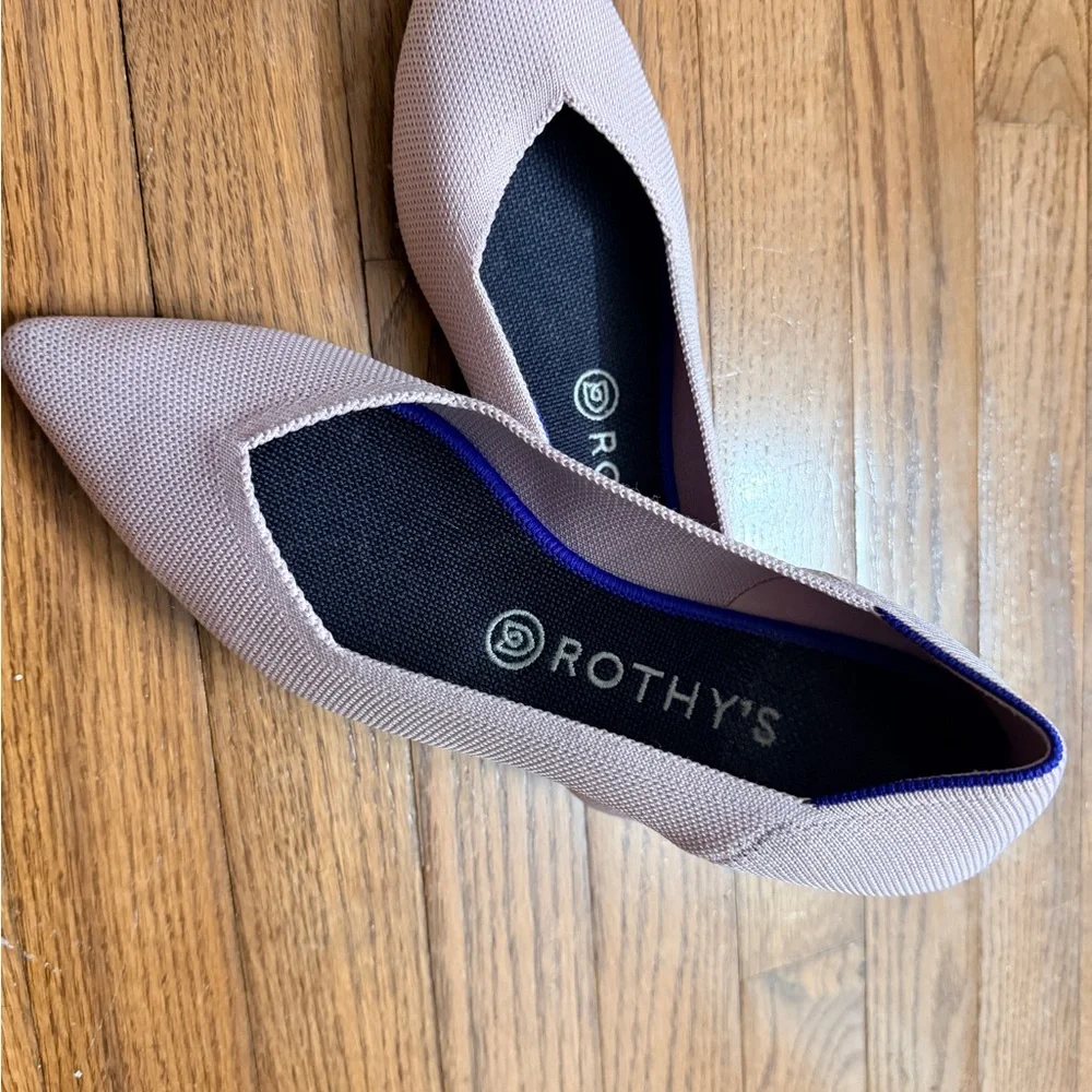 Rothy's Blush Pointed Knit Flats with Blue Trim - Picture 5 of 5
